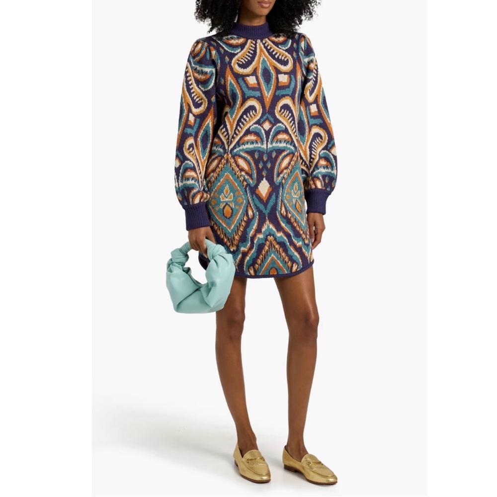 FARM Rio Teal Gold And Navy Ikat Knit Sweater Dress Size L Excellent Condition